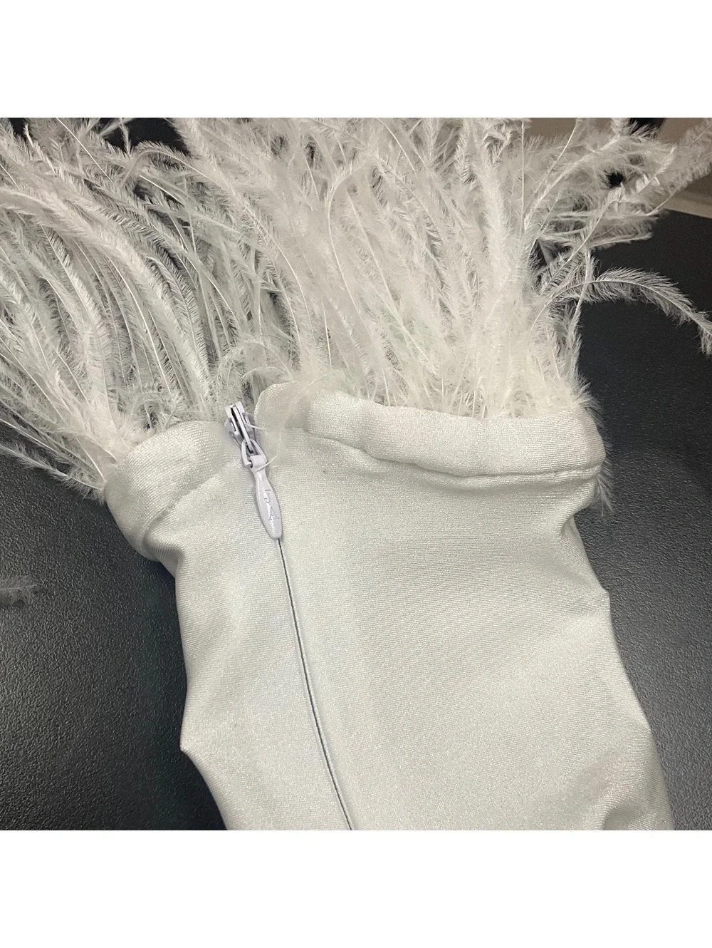 Elbow Length White Matte Satin Gloves with Feathers